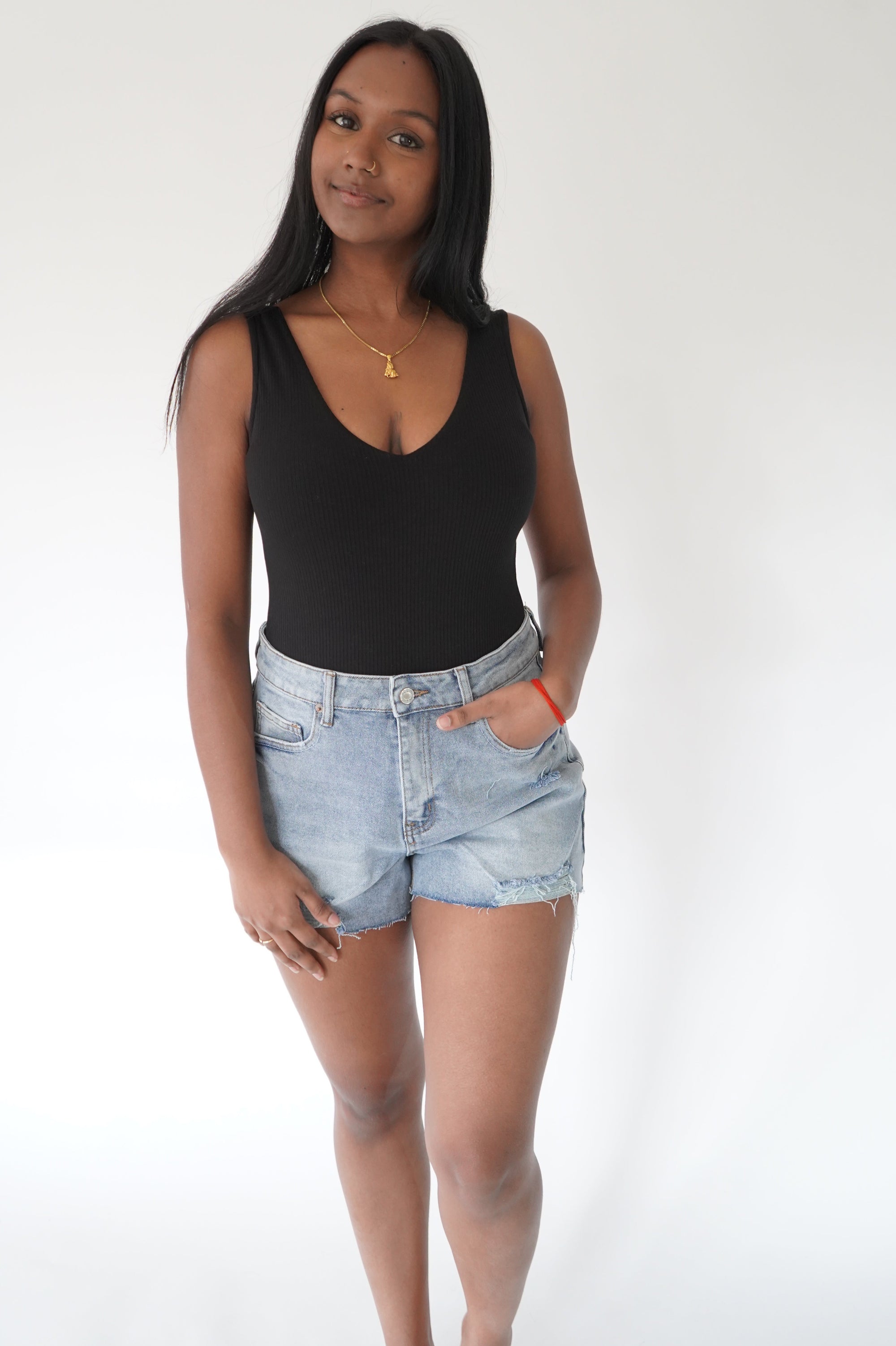 Bodysuit en rib col en V noir