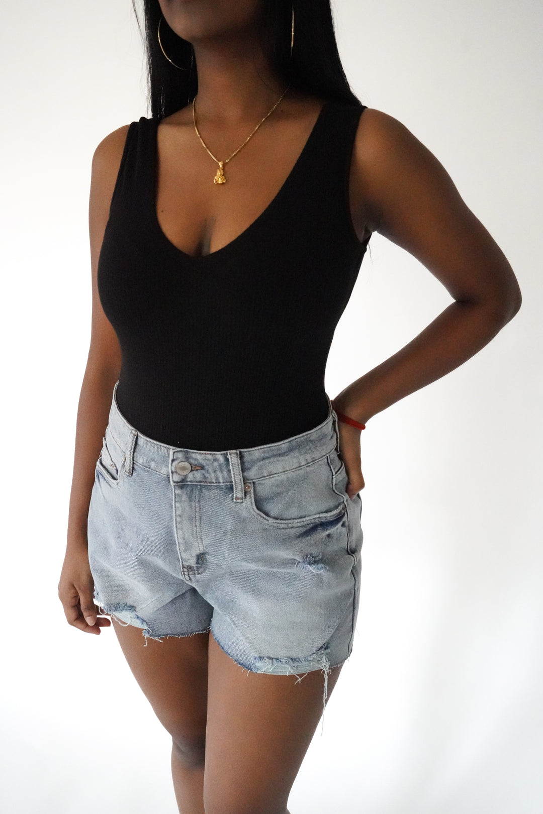 Bodysuit en rib col en V noir